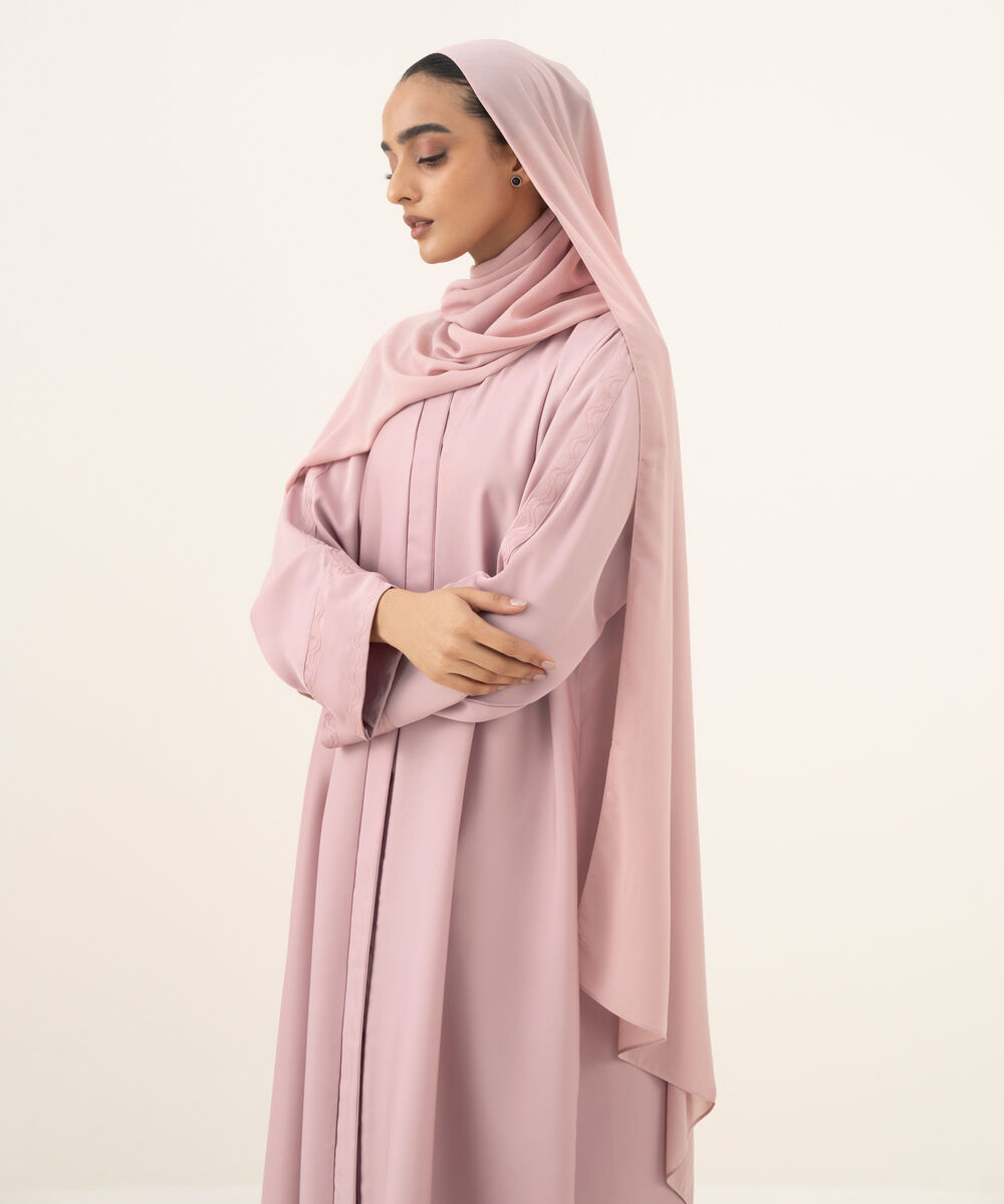 Women's pink button through Abaya with embroidery