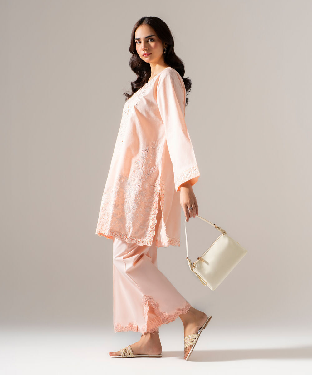 Women's RTW Self Jacquard Solid Embroidered Pink 2 Piece Suit