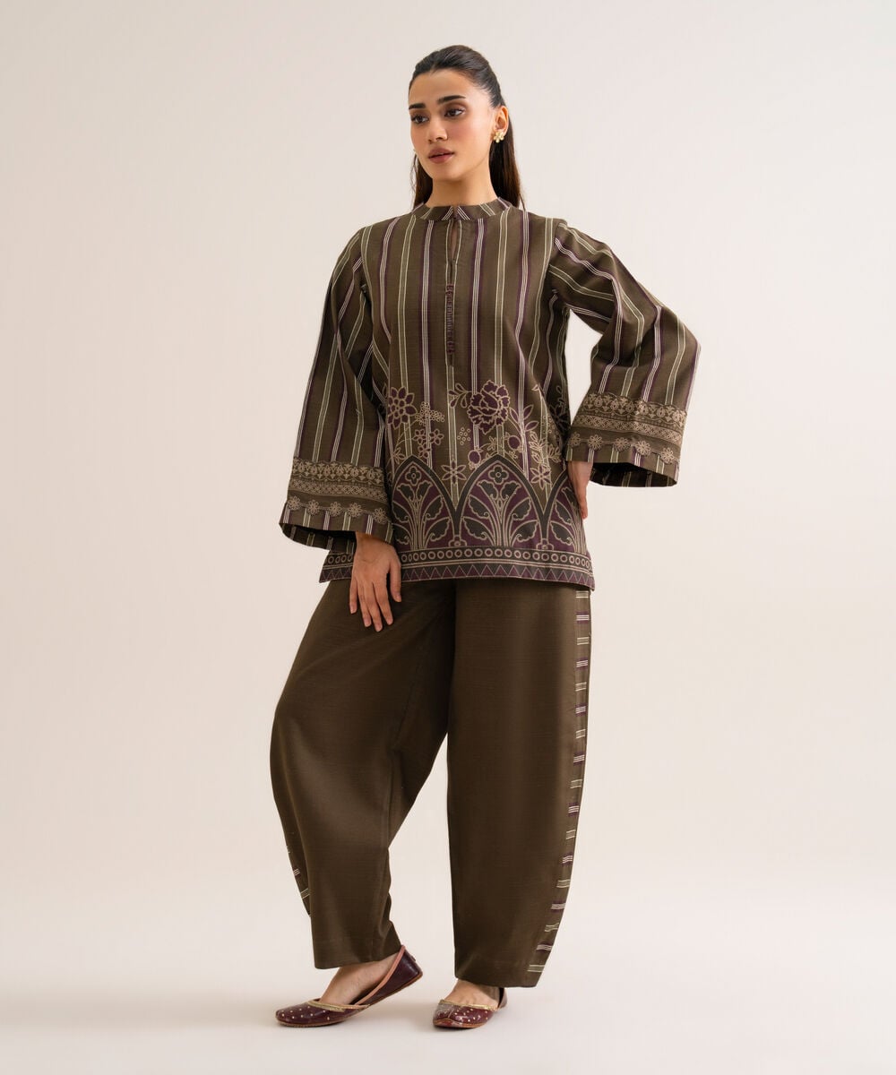 Women's Unstitched Premium Khaddar Printed Brown 2 Piece Suit