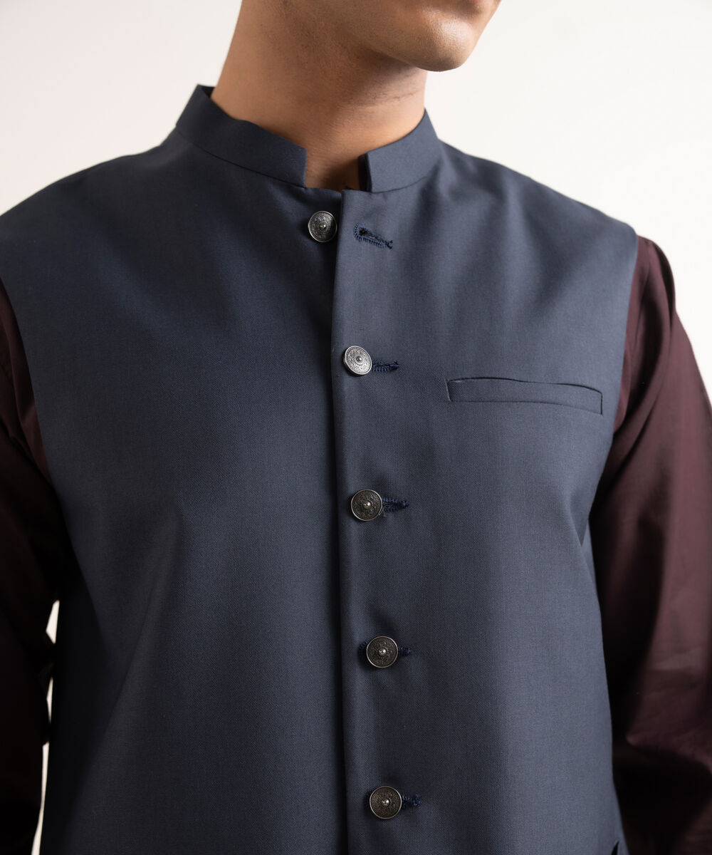 Men's Stitched Textured Wash & Wear Blue Waistcoat