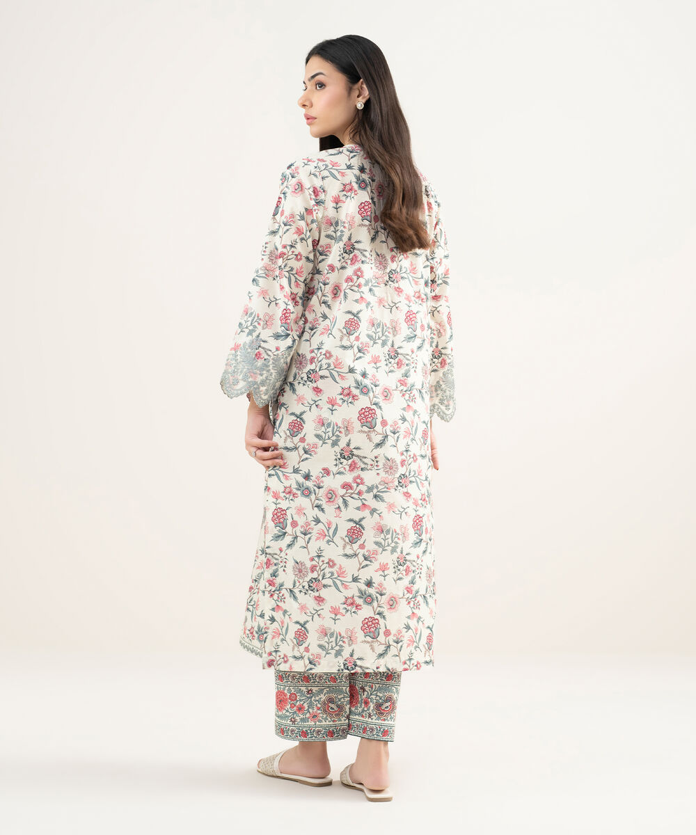 Women's RTW Slub Lawn Embroidered Off White A-Line Shirt