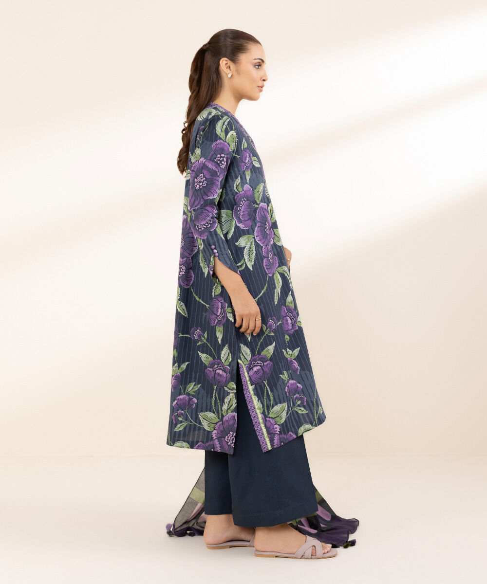 Women's Unstitched Printed Lawn Black & Purple 3 Piece Suit