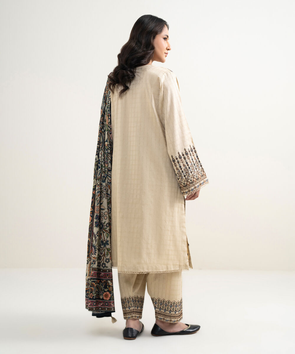 Women's RTW Dobby Embroidered Beige 3 Piece Suit