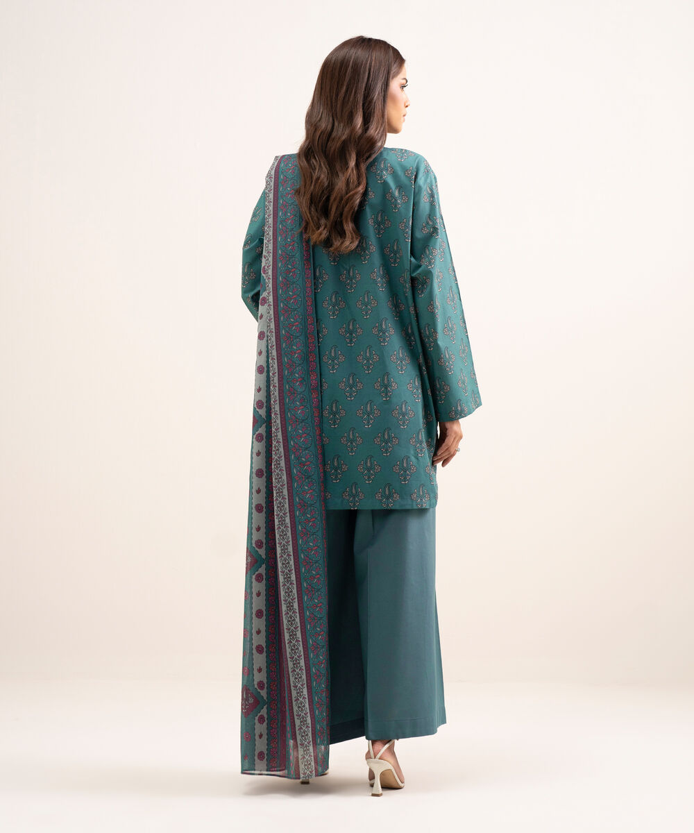 Women's RTW Cambric Printed Green 3 Piece Suit