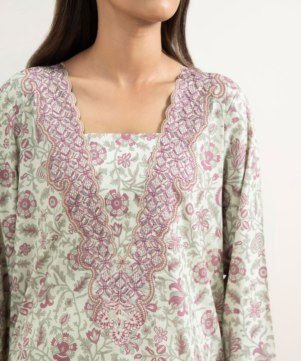 Women's RTW Cotton Viscose Embroidered Mint Green Straight Shirt