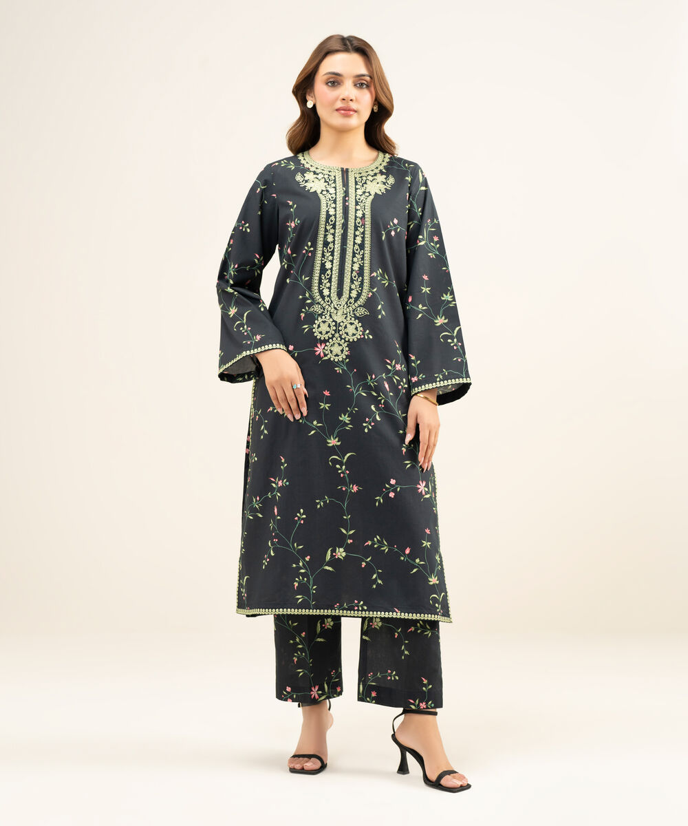 Women's Unstitched Lawn Embroidered Black   2 Piece Suit