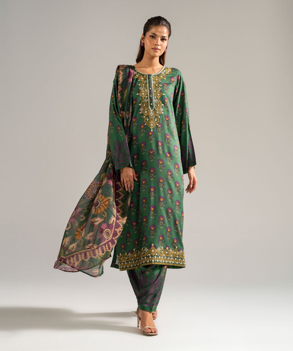 Women's RTW Self Jacquard Embroidered Green 3 Piece Suit
