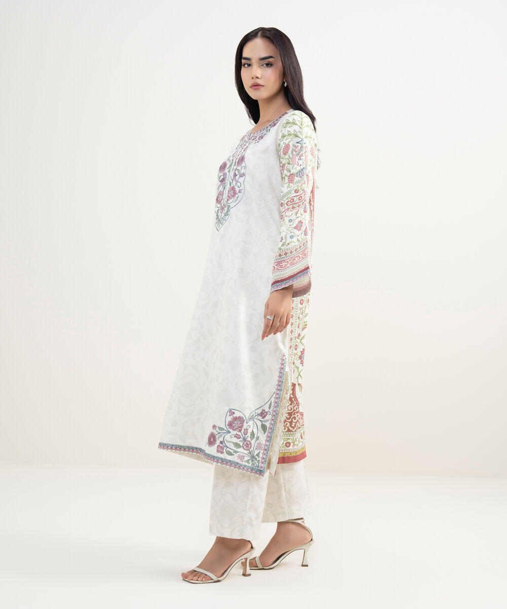 Women's RTW Cotton Satin Embroidered White A-Line Shirt