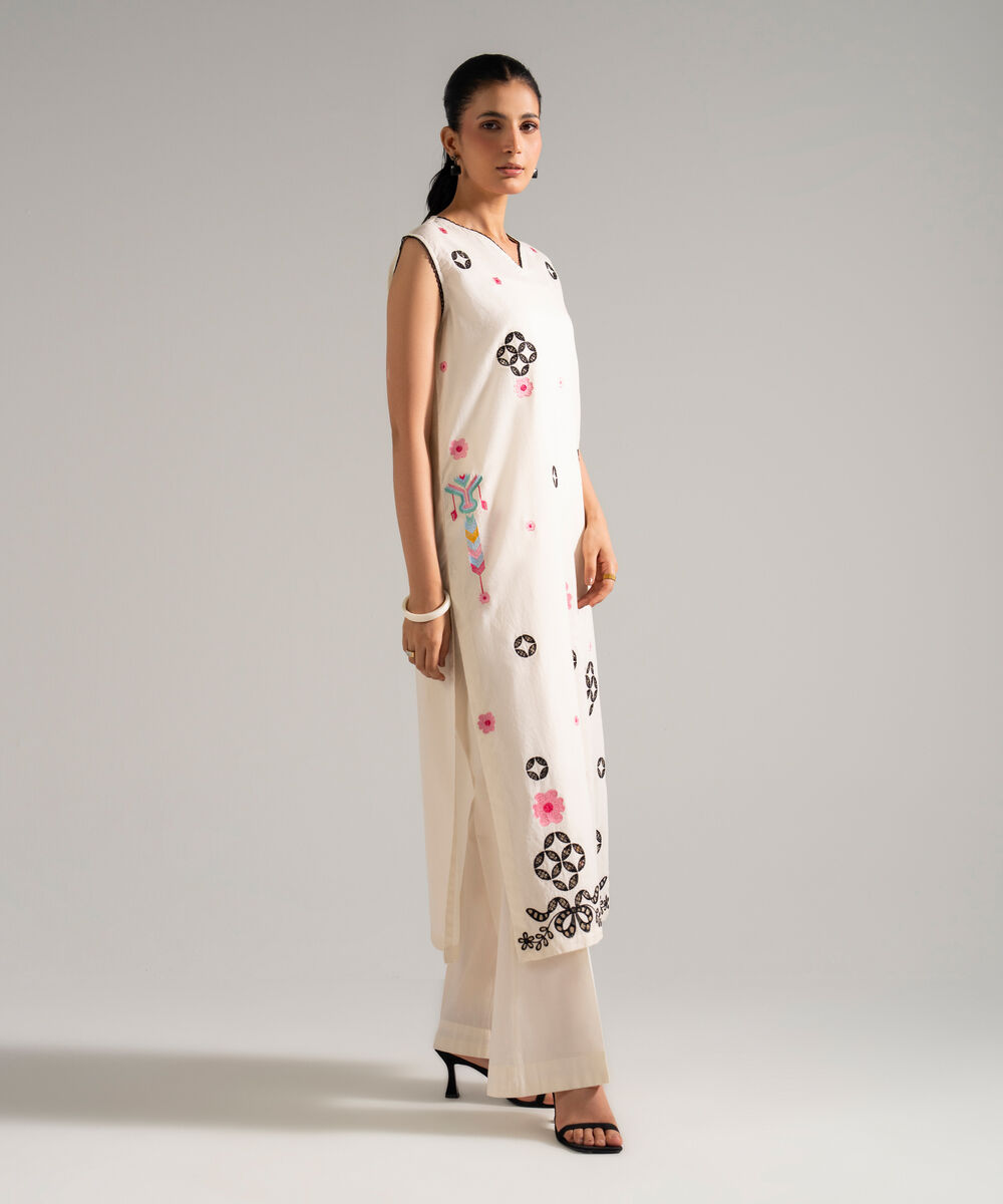 Women's RTW Dobby Embroidered Off White Straight Shirt