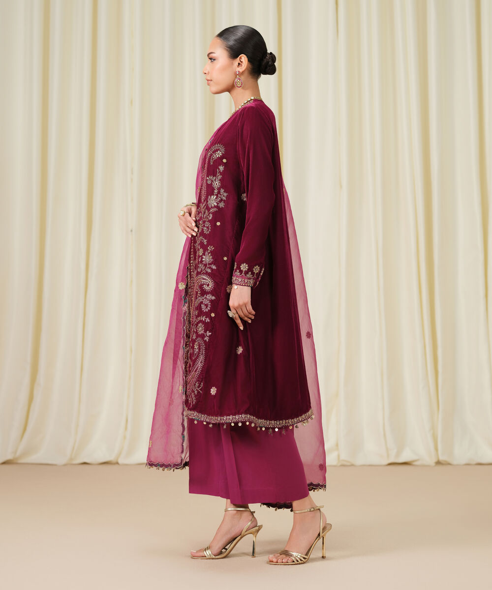 Women's Unstitched Embroidered Velvet Pink 3 Piece Suit