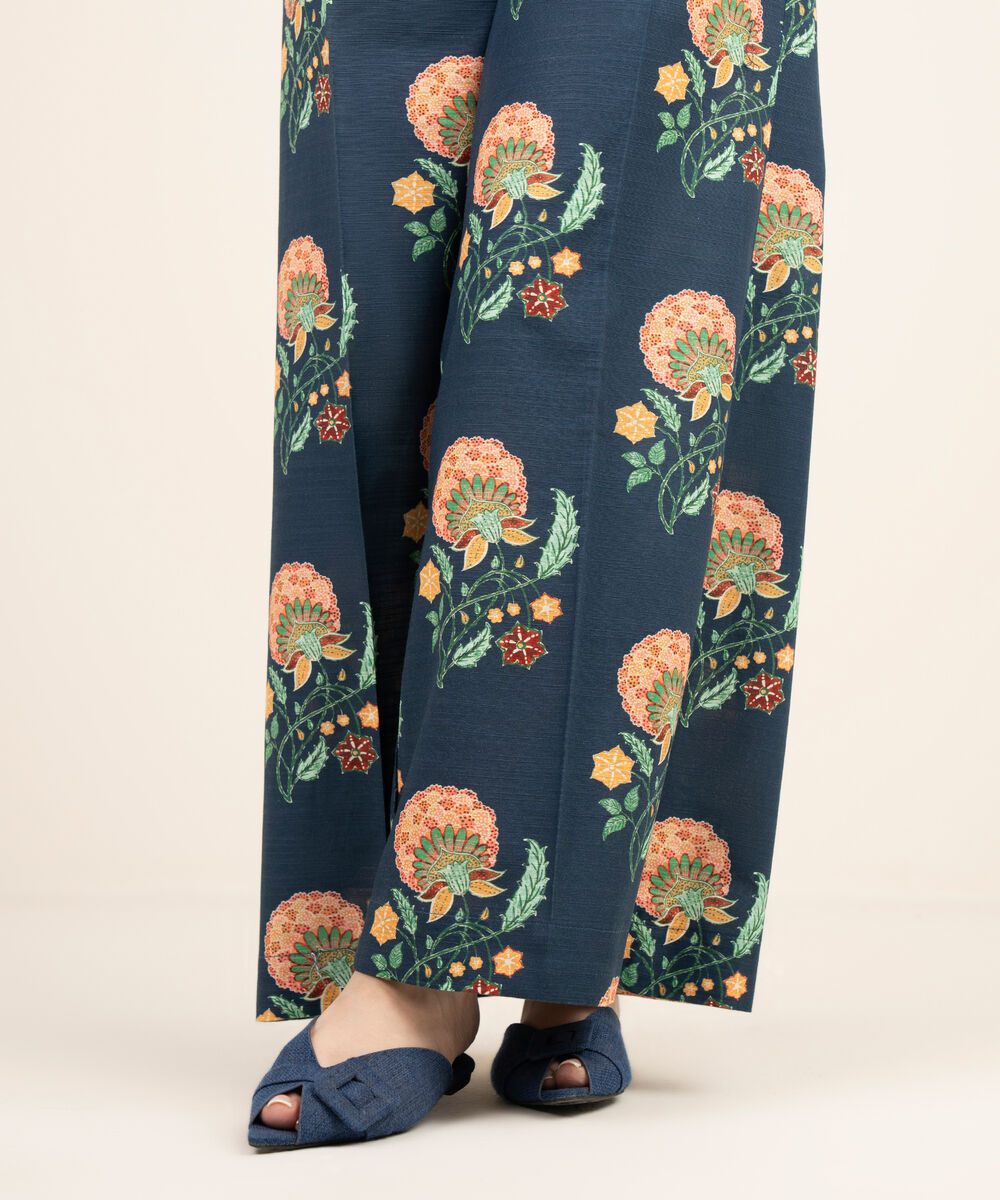 Women's RTW Light Khaddar Blue Printed Flared Pants