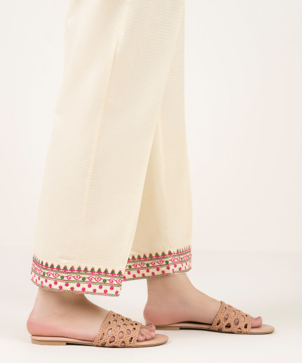 Women's RTW Dobby Embroidered Off White Straight Pants