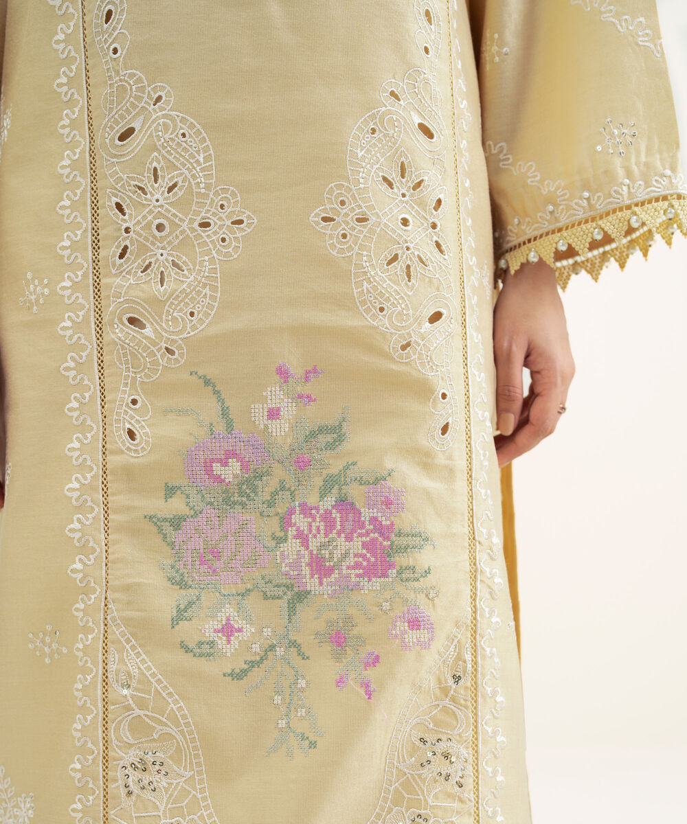 Women's RTW Silk Cotton Net Embroidered Pale Yellow 3 Piece Suit