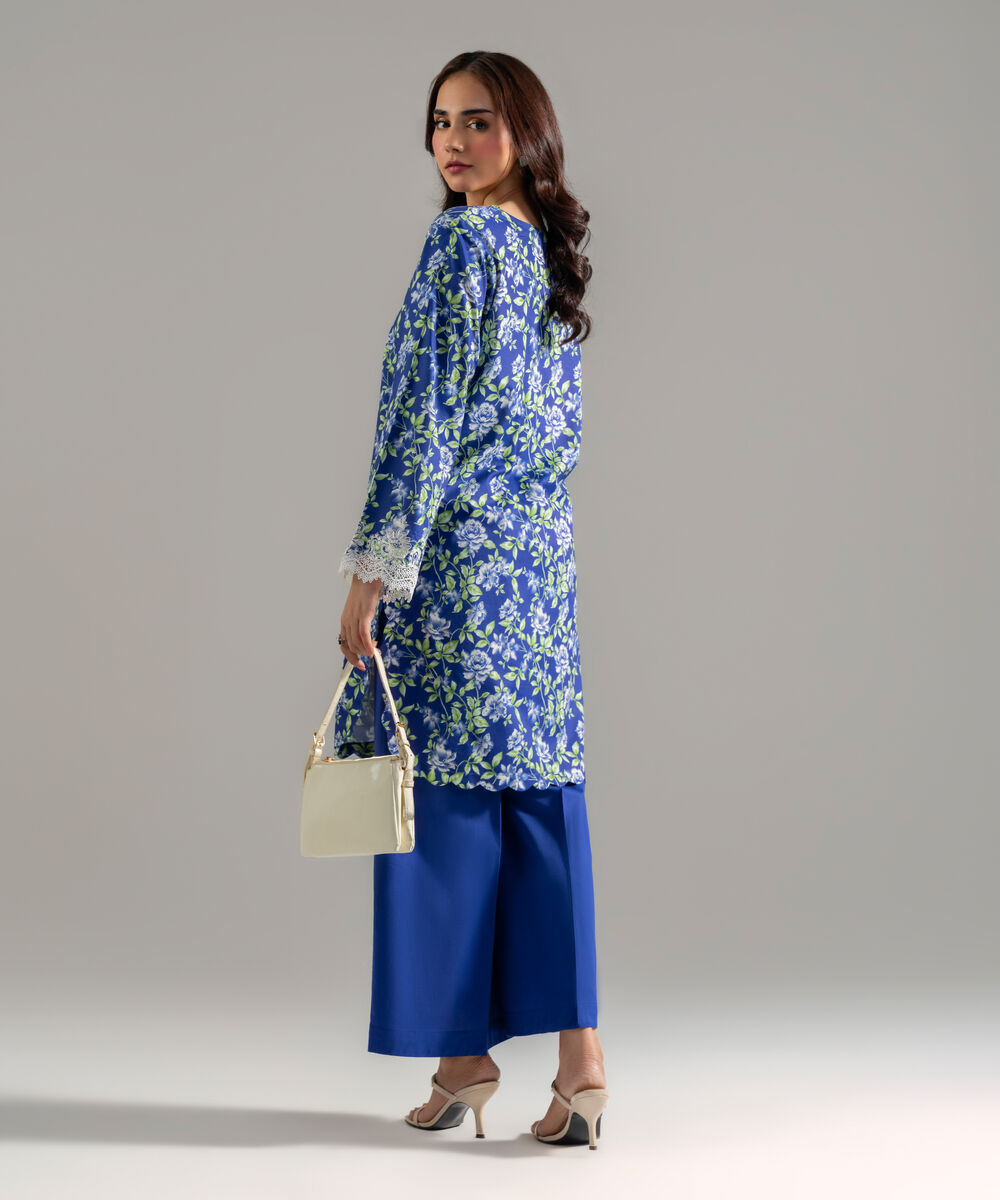 Women's RTW Cotton Viscose Printed Embroidered Blue Straight Shirt