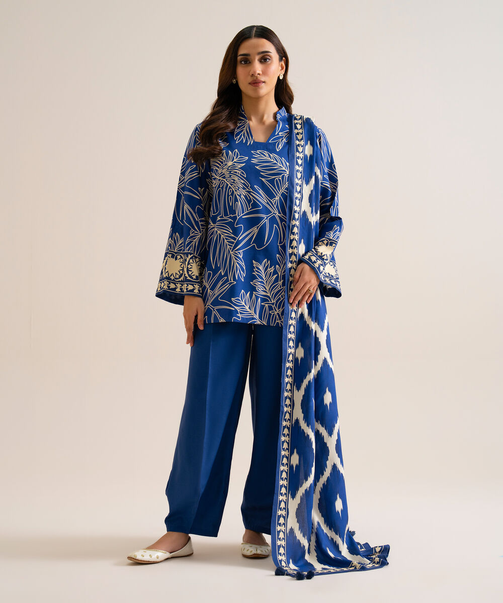 Women's Unstitched Viscose Linen Printed Blue 3 Piece Suit