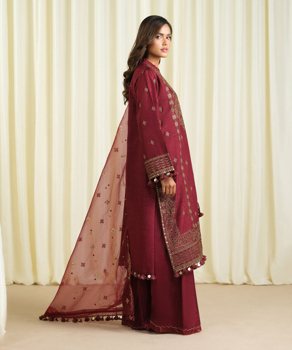Women's Unstitched Raw Silk Embroidered Red 3 Piece Suit