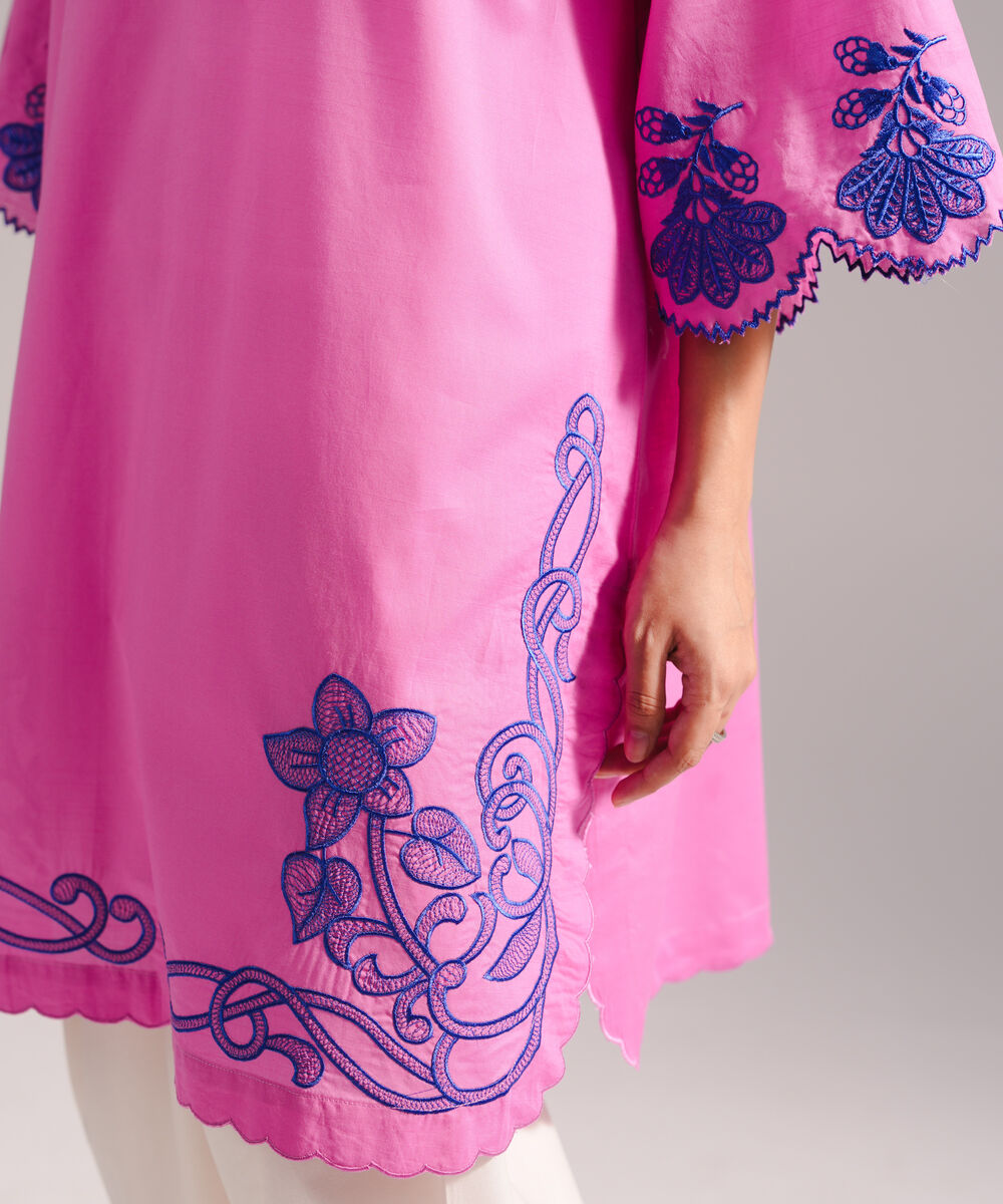 Women's RTW Slub Lawn Embroidered Straight Pink Shirt