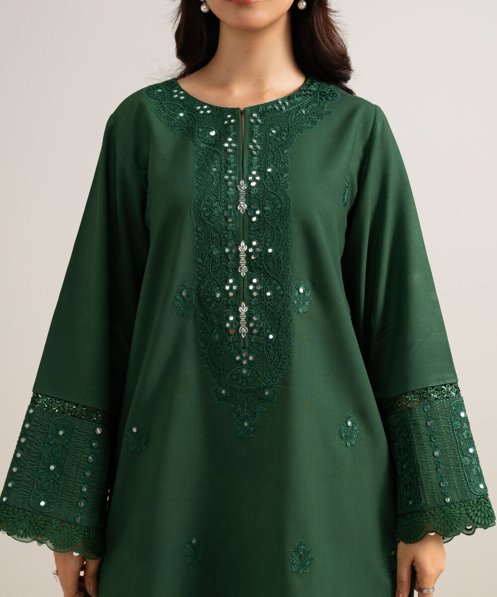 Women's Unstitched Embroidered Linen Green 3 Piece Suit