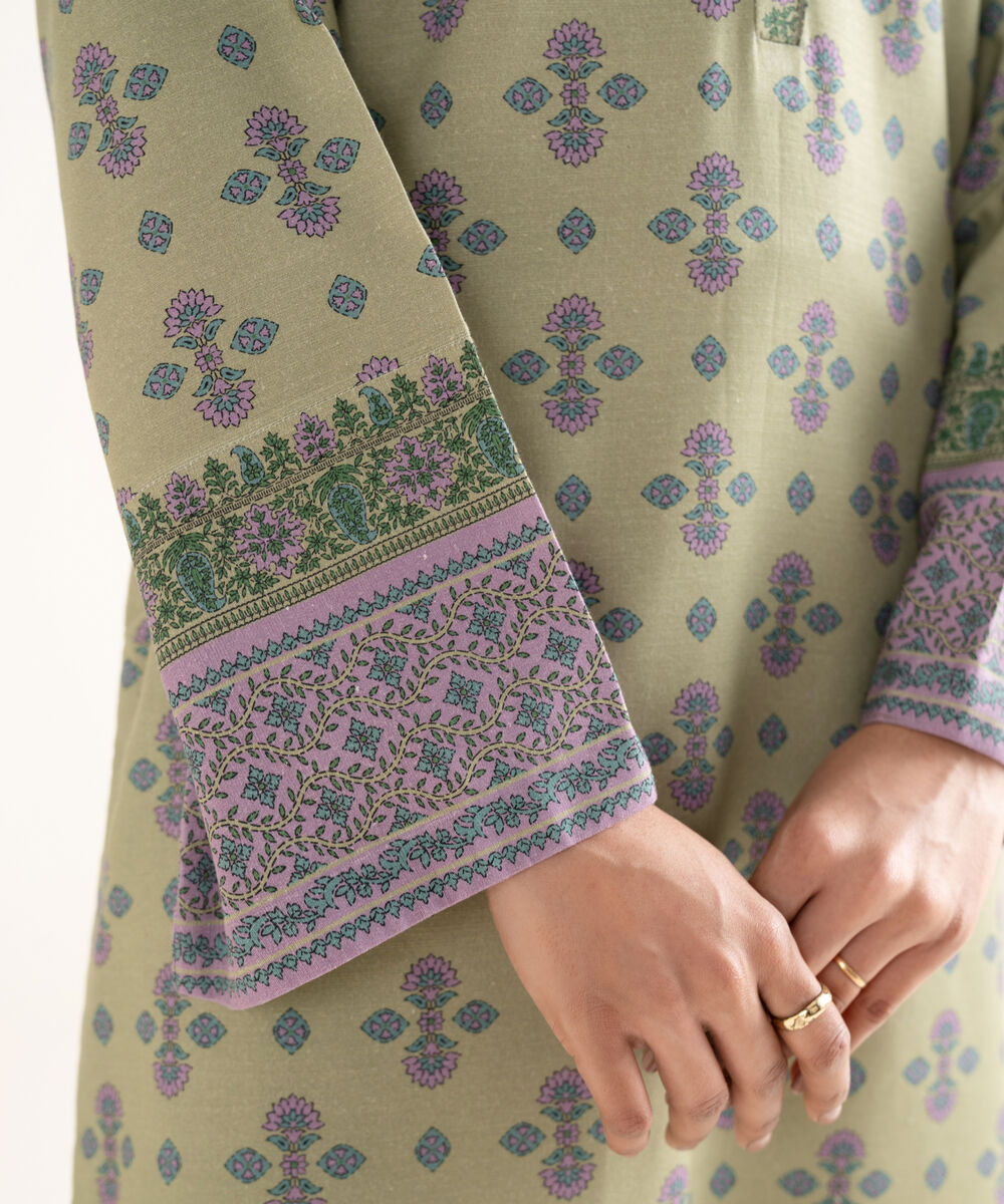 Women's Unstitched Printed Cotton Olive Green 3 Piece Suit