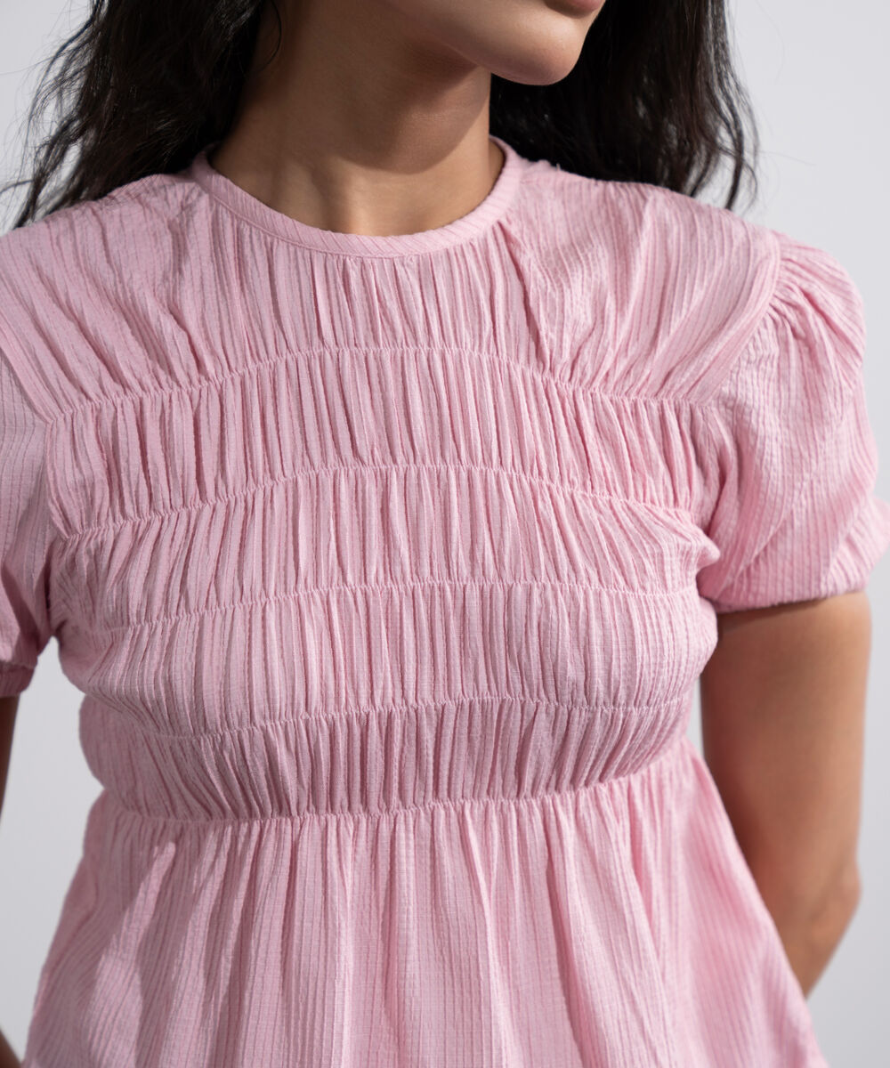 Women's Pink  Smocked Seersucker Blouse