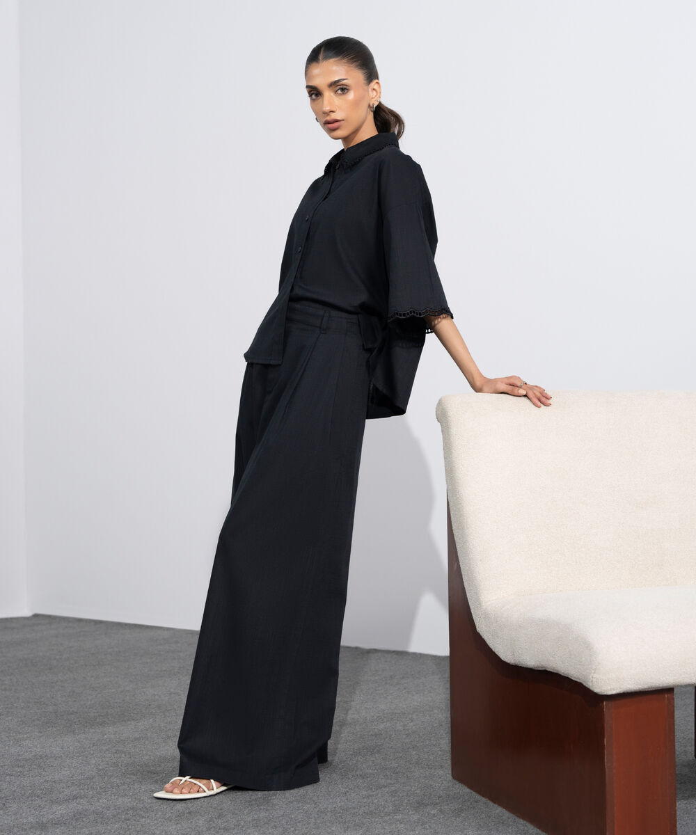 Women's Western Black Wide-Leg Pleated Trousers