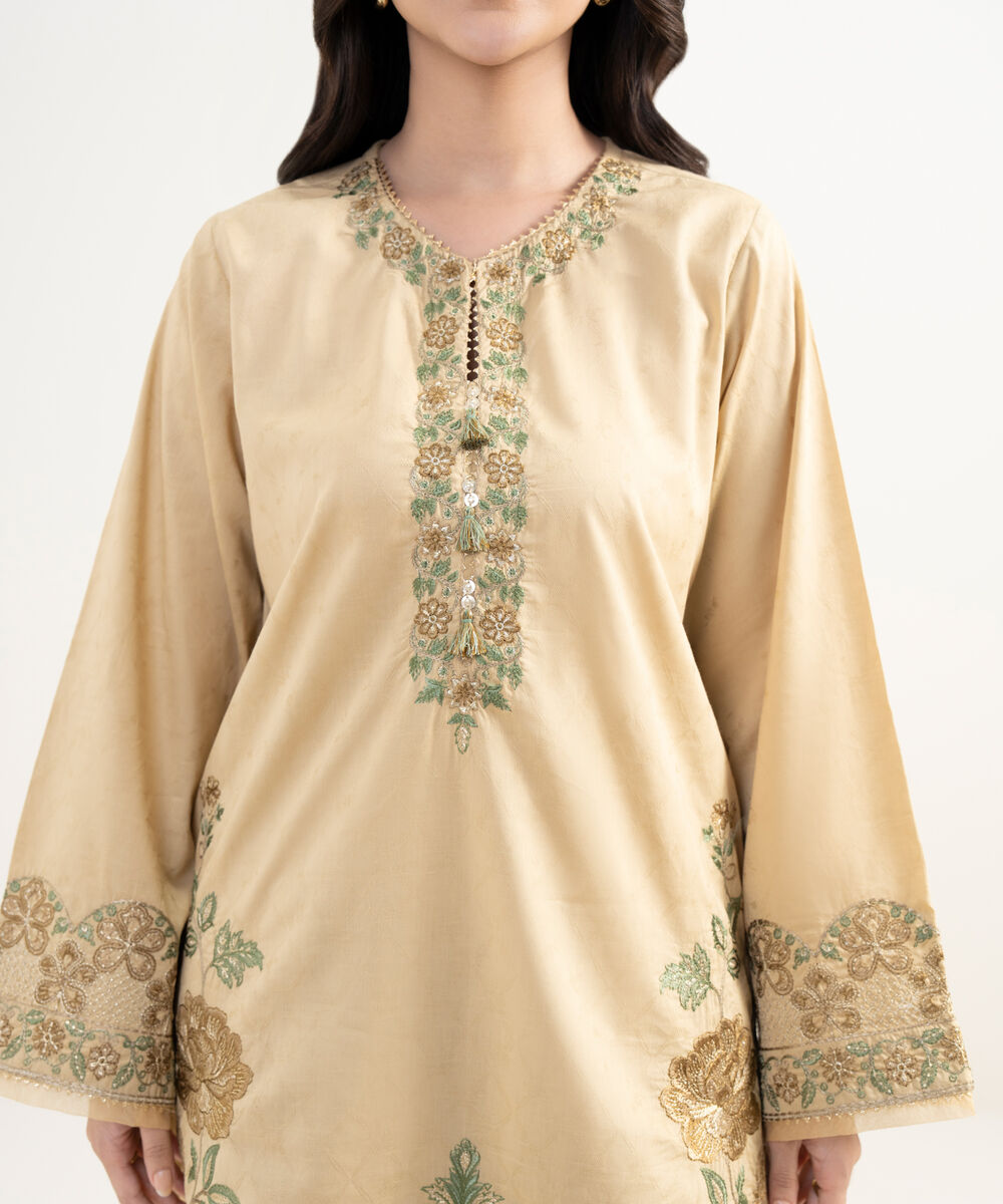 Women's RTW Self Jacquard Embroidered Beige Straight Shirt