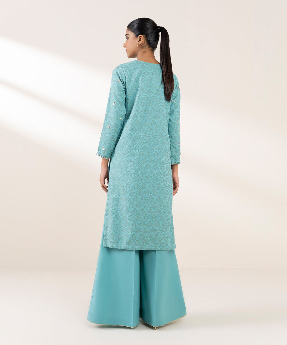 Woman - Blue Embroidered Cotton Jacquard Shirt