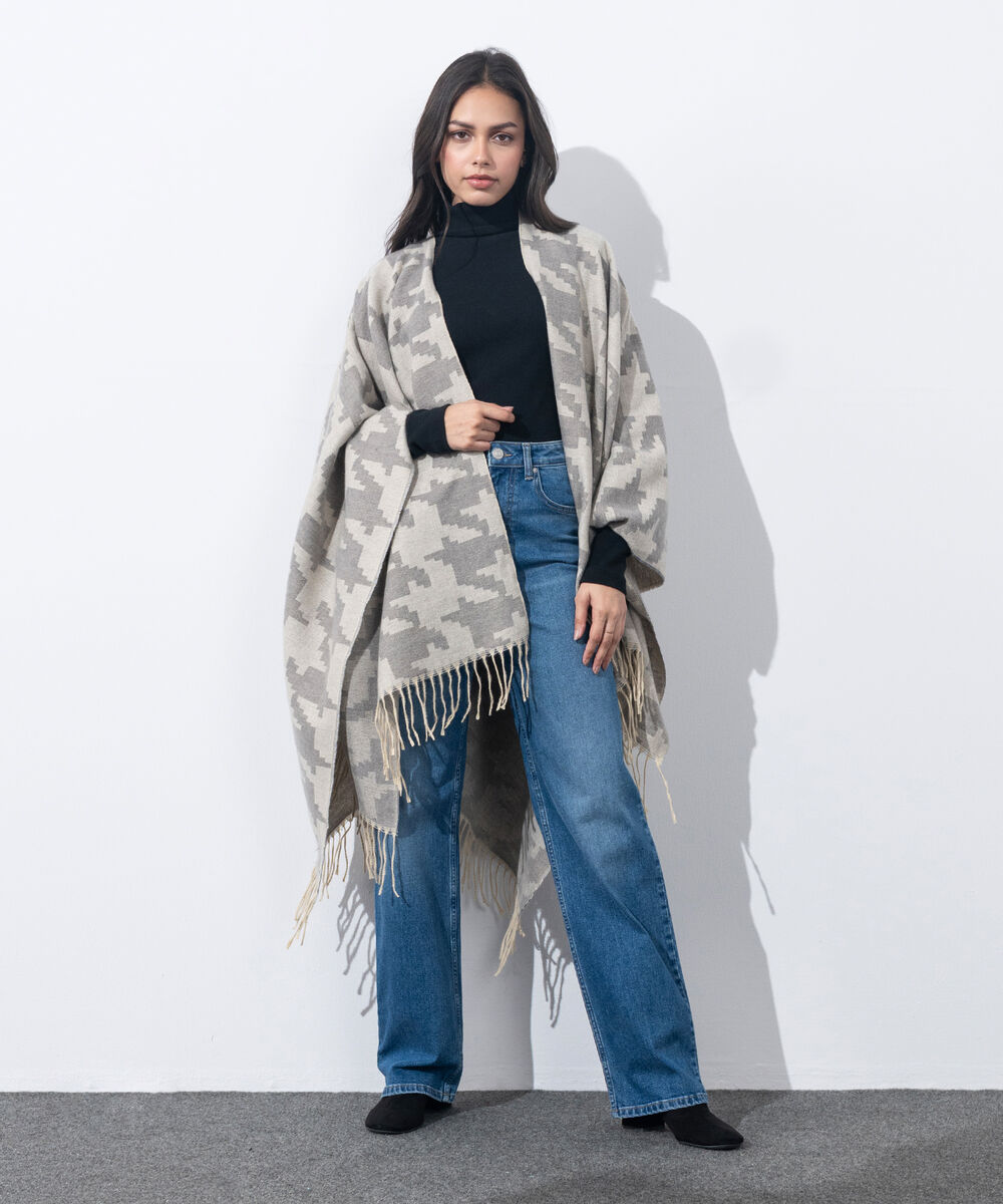 Women's Western Wear Off White & Grey Houndstooth Cape Shawl