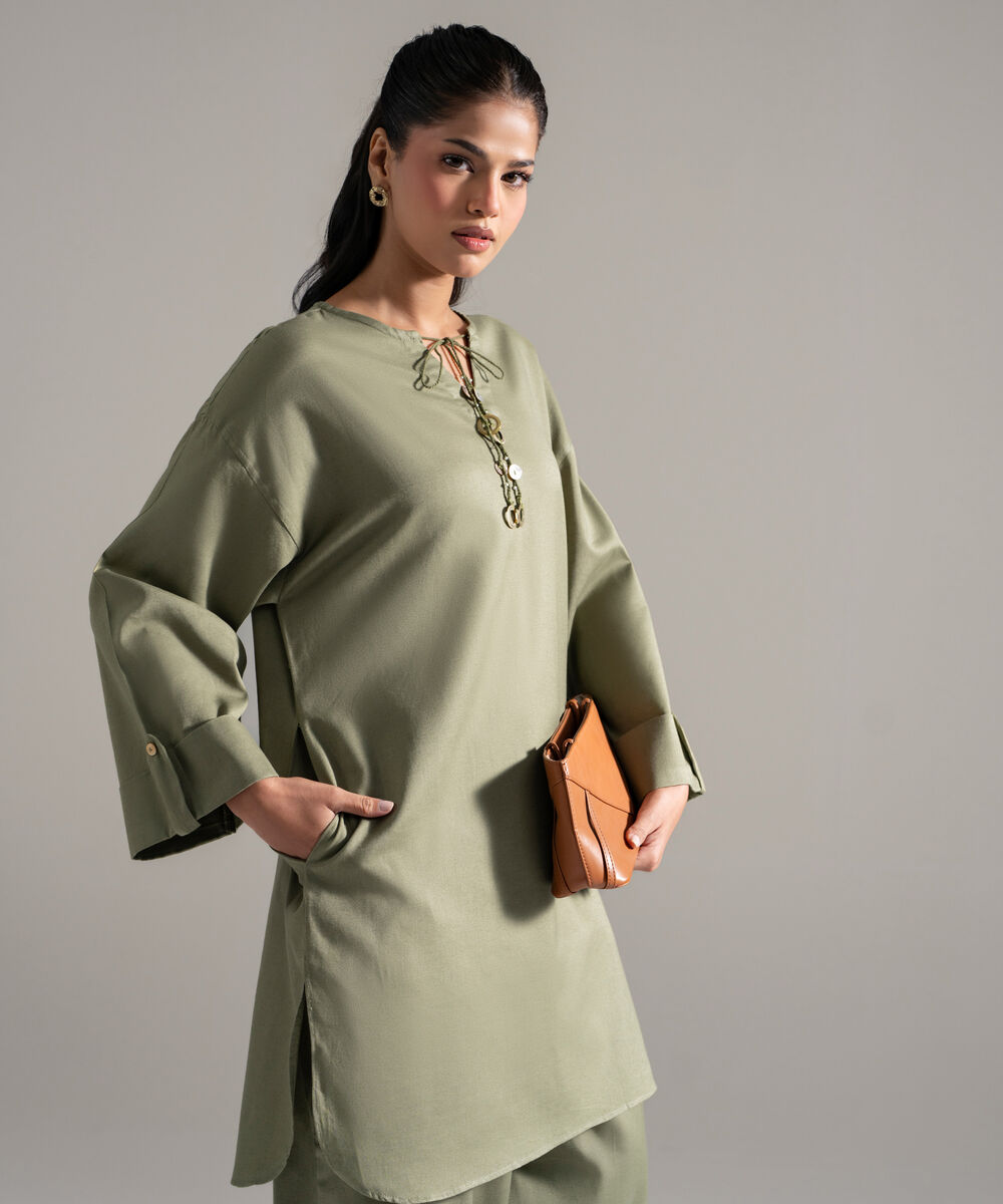 Women's RTW Cotton Linen Solid Green 2 Piece Suit