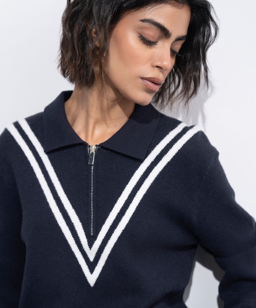 Women's Western Wear Blue Striped Polo Knit Sweater