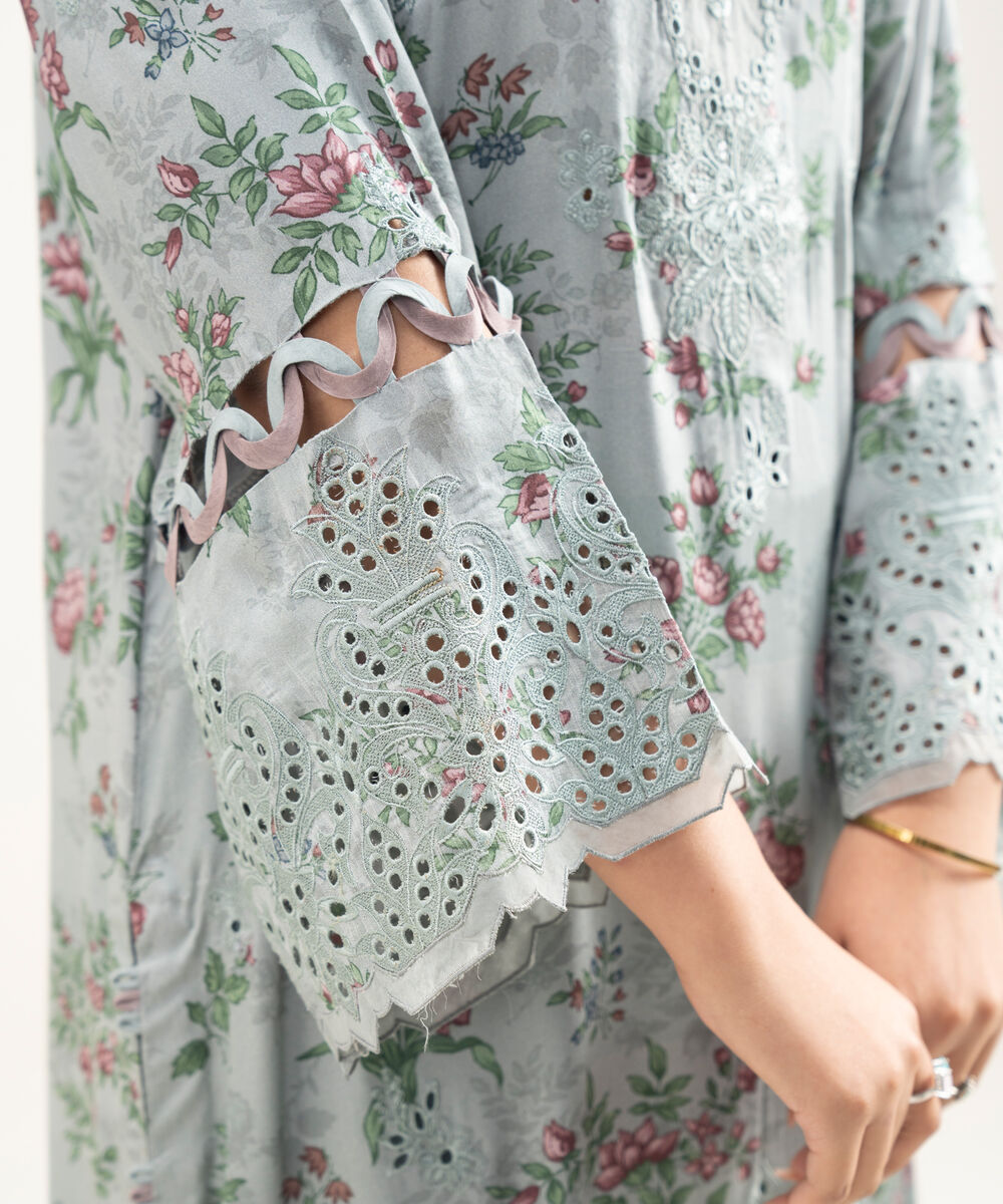 Women's Unstitched Viscose Satin Embroidered Grey 3 Piece Suit