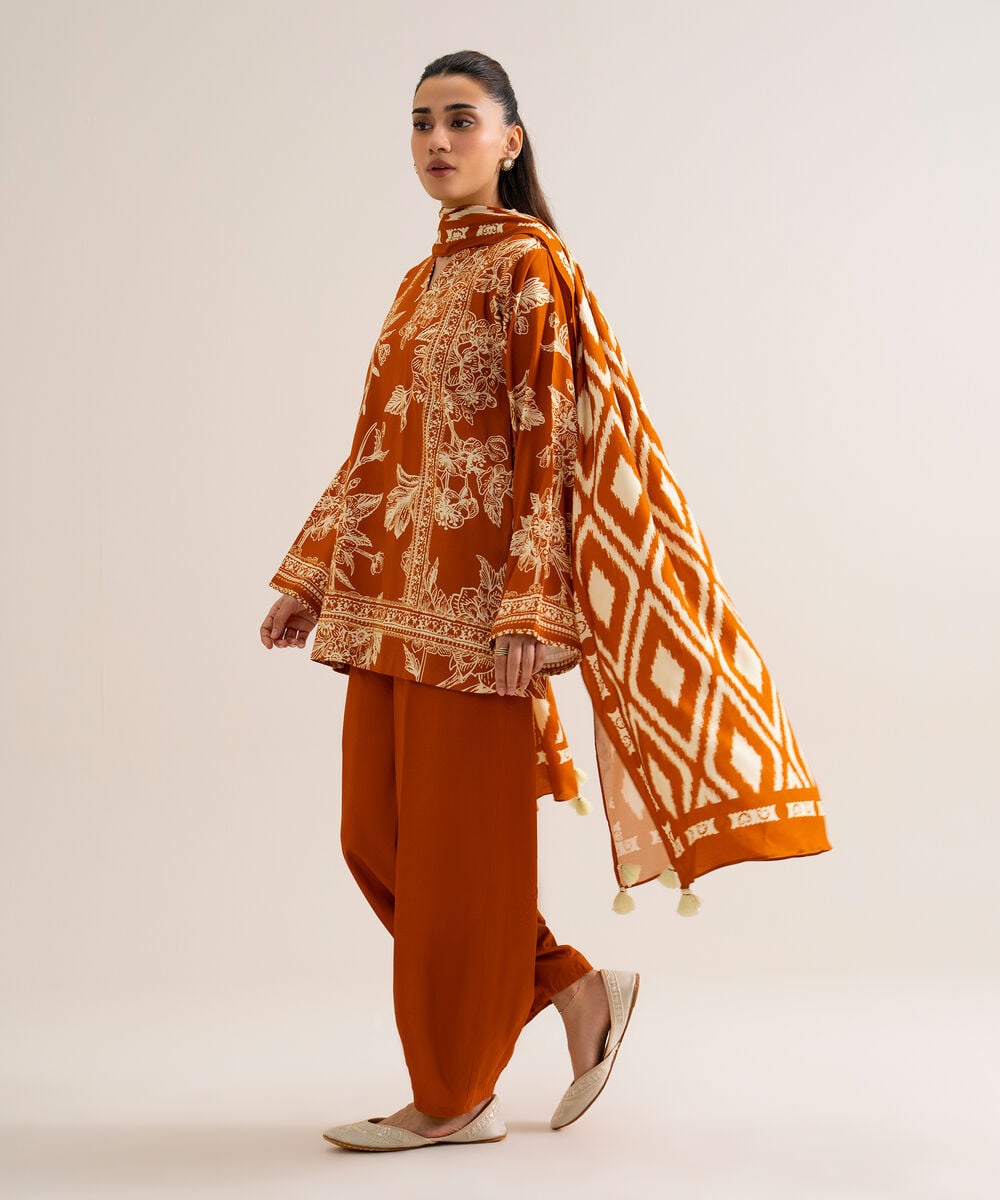 Women's Unstitched Viscose Linen Printed Orange 3 Piece Suit