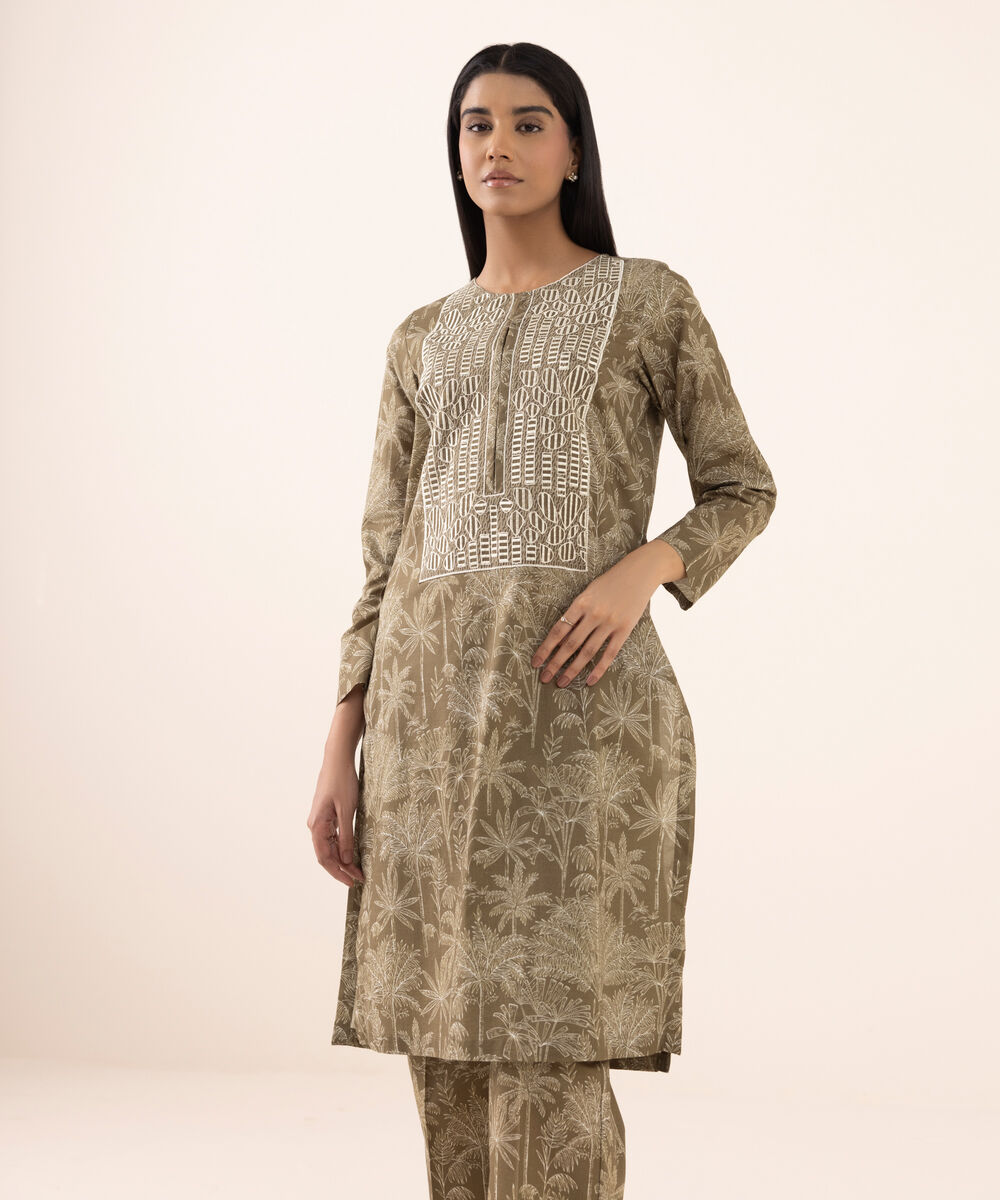 Women's RTW Texured Lawn Brown Printed Aline Shirt
