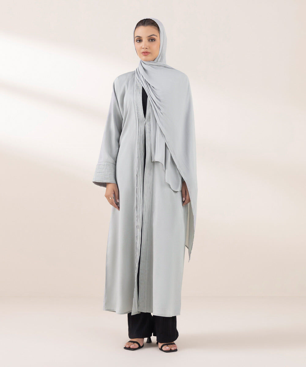 Woman - Grey Abaya Set with Pleat Detail