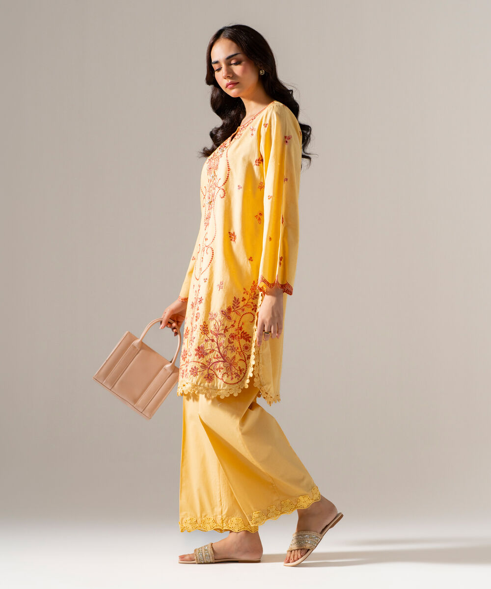 Women's RTW Self Jacquard Solid Embroidered Yellow 2 Piece Suit