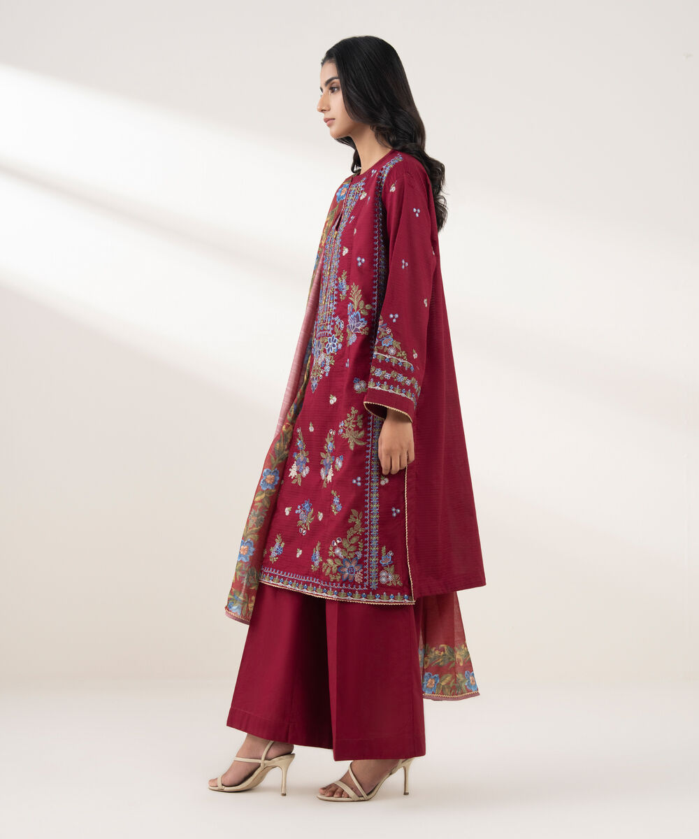 Women's RTW Dobby Embroidered Maroon 3 Piece Suit