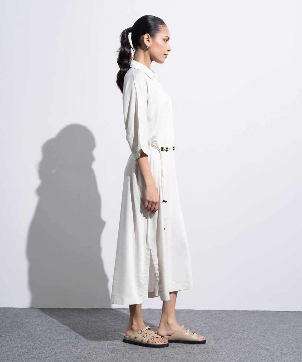 Women's Western Off-white Linen Dress With Crochet Belt