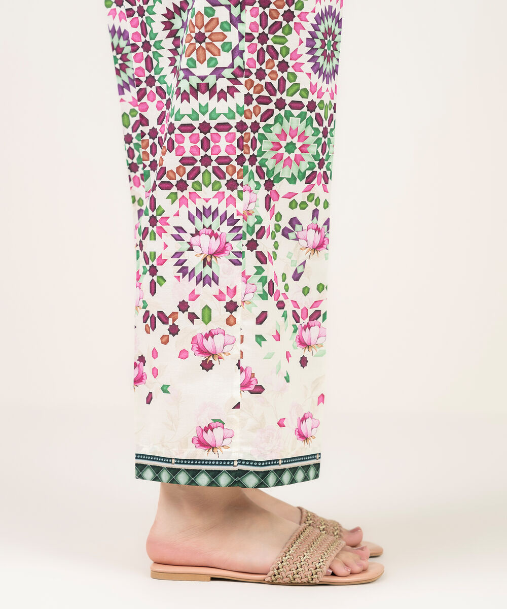 Women's RTW Cambric Printed Off White Straight Pants