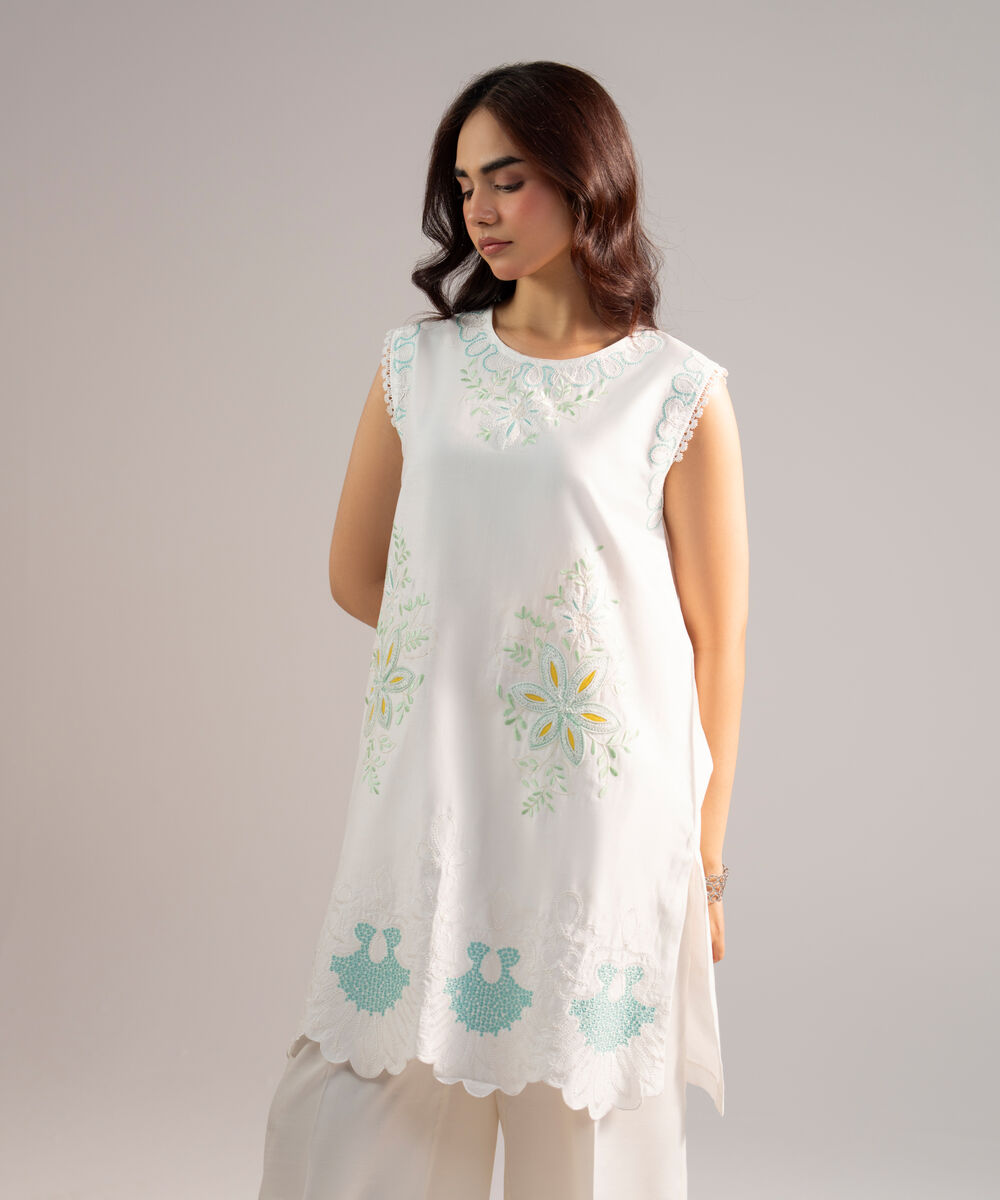 Women's RTW Cotton Satin Embroidered White 2 Piece Suit