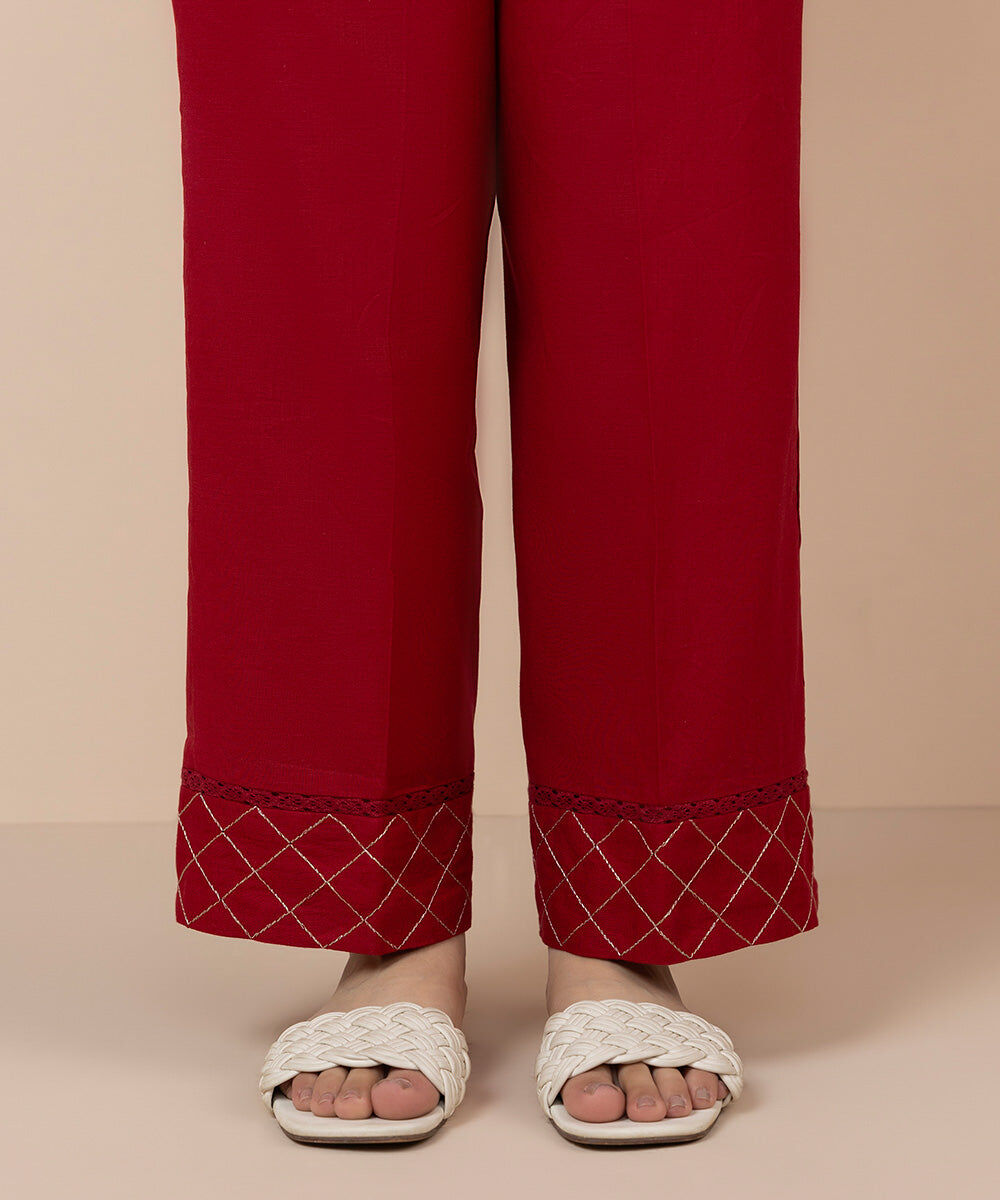 Women's Pret Cotton Linen Solid Embroidered Red Straight Pants
