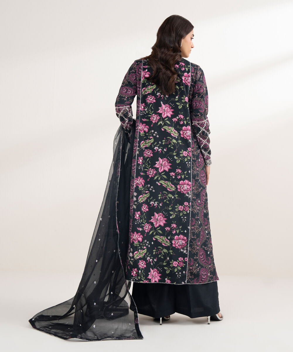 Women's RTW Viscose Linen Embroidered Black 3 Piece Suit