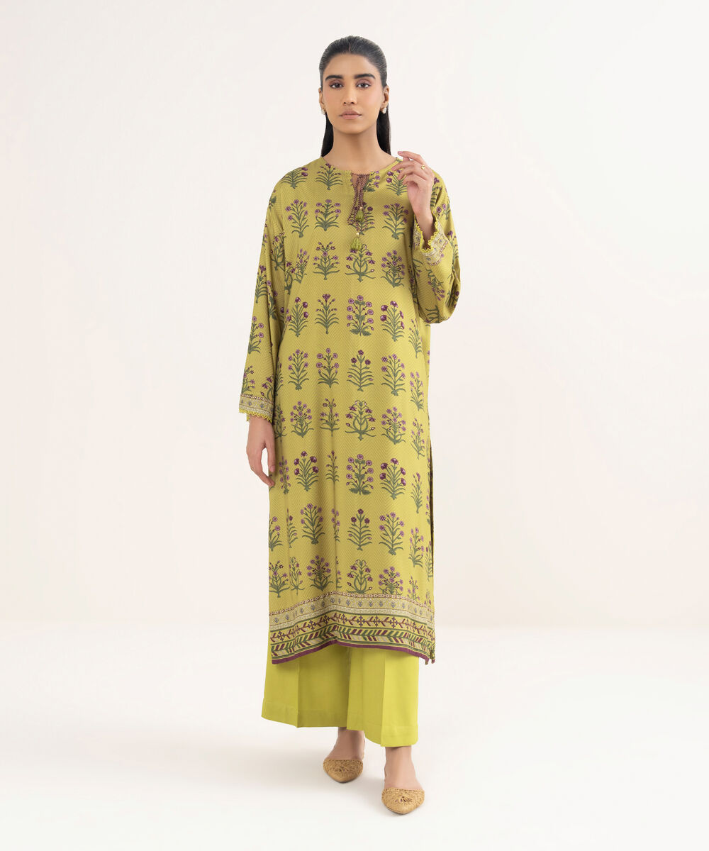 Women's RTW Viscose Linen Printed Green Straight Shirt