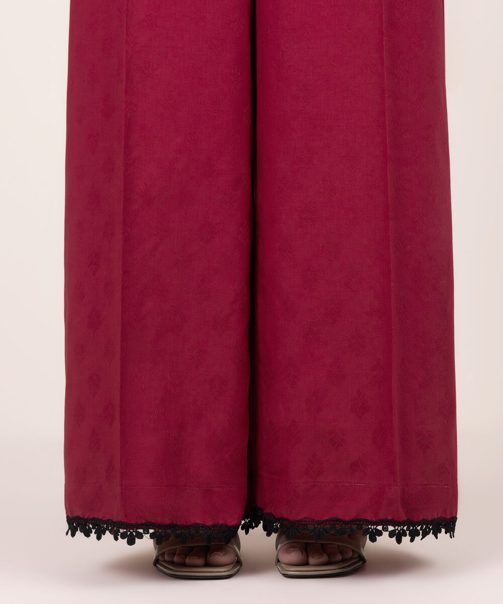 Women's RTW Self Jacquard Solid Red Flared Pants