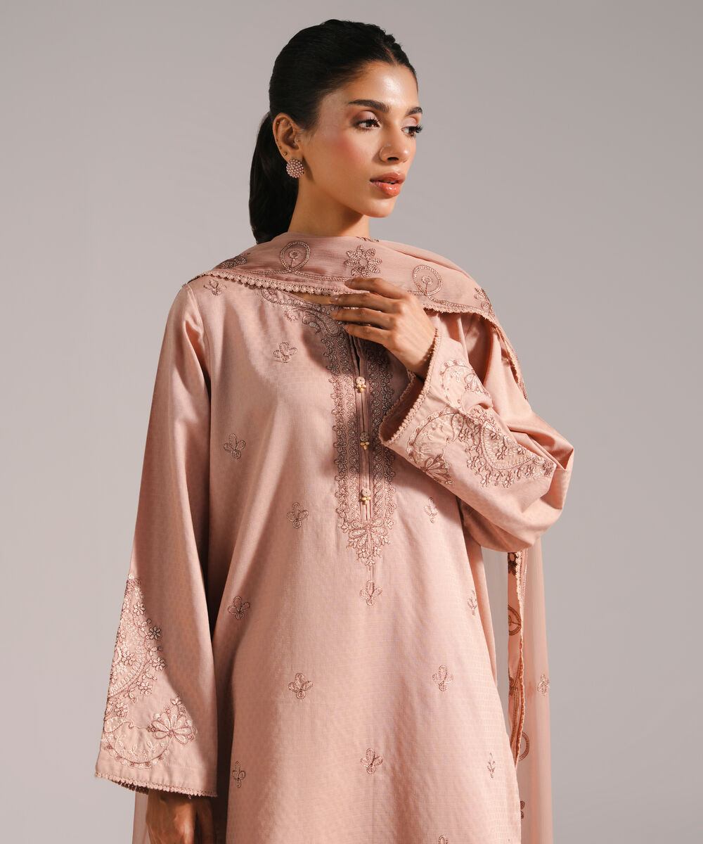 Women's RTW Dobby Embroidered Dark Beige 3 Piece Suit