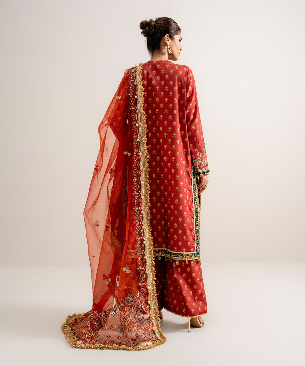 Women's Unstitched Printed Blended Grip Silk Orange 3 Piece Suit