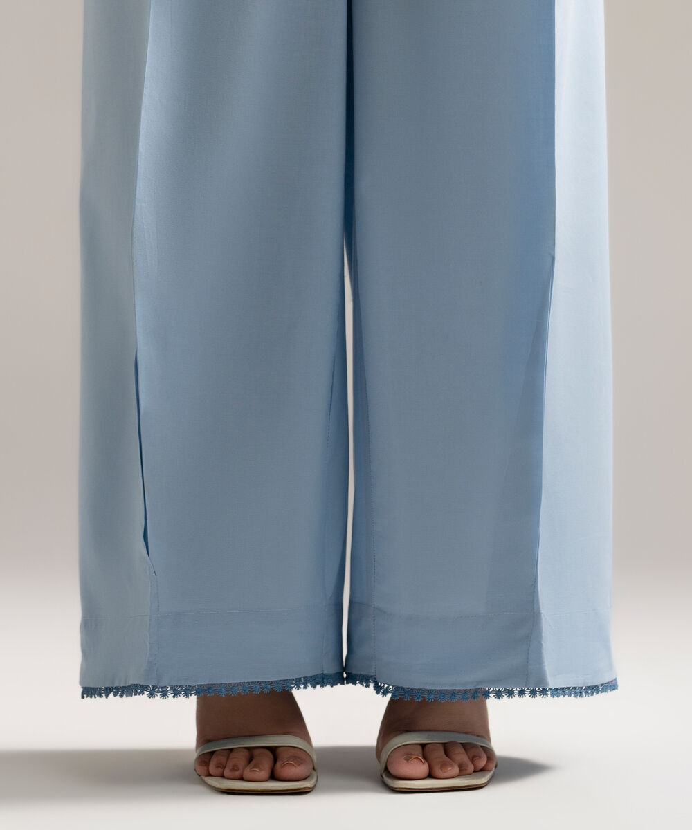 Women's RTW Cambric Solid Blue Flared Pants