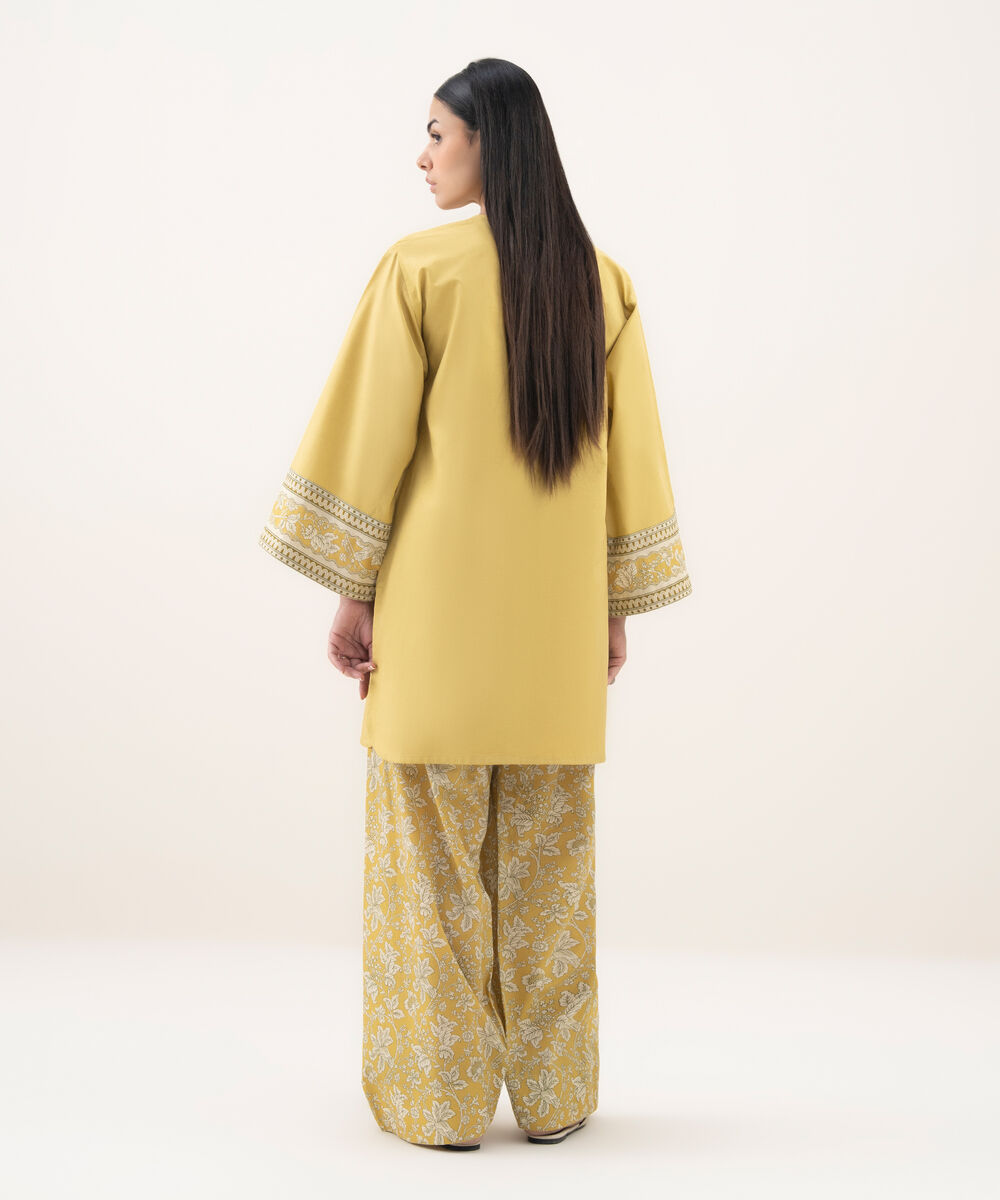 Women's Unstitched Cotton Printed Yellow 2 Piece Suit