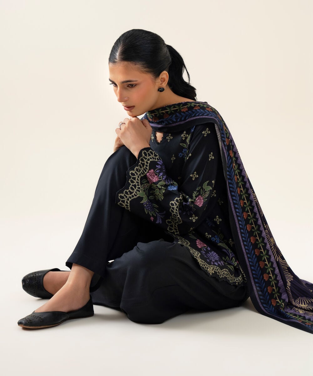 Womens Unstitched Viscose Linen Printed Dark Blue 3 Piece Suit