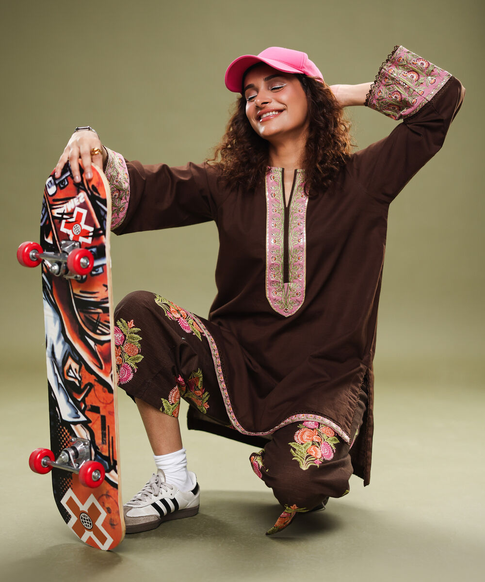 Women's RTW Light Khaddar Embroidered Brown Straight Shirt