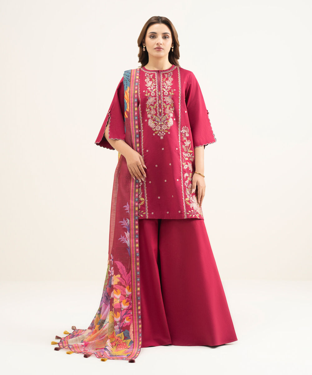 Women's Unstitched Lawn Pink Embroidered 3 Piece Suit
